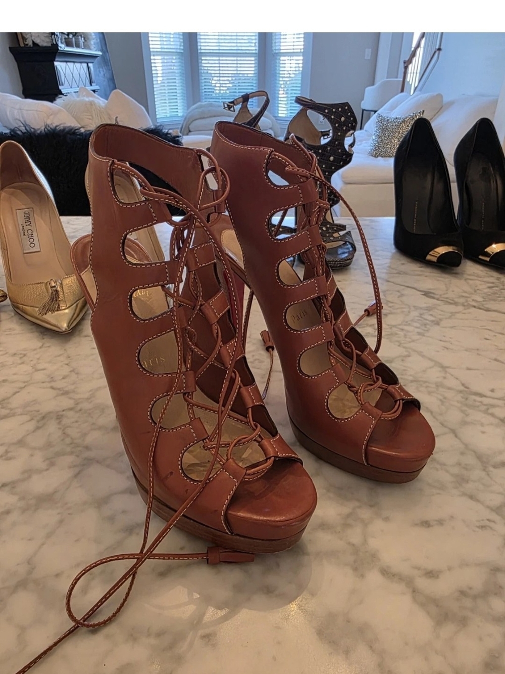 Christian Louboutin Miss Fourtune Brown Lace Up Open Toe Stiletto Sandals 39 - Picture 2 of 5